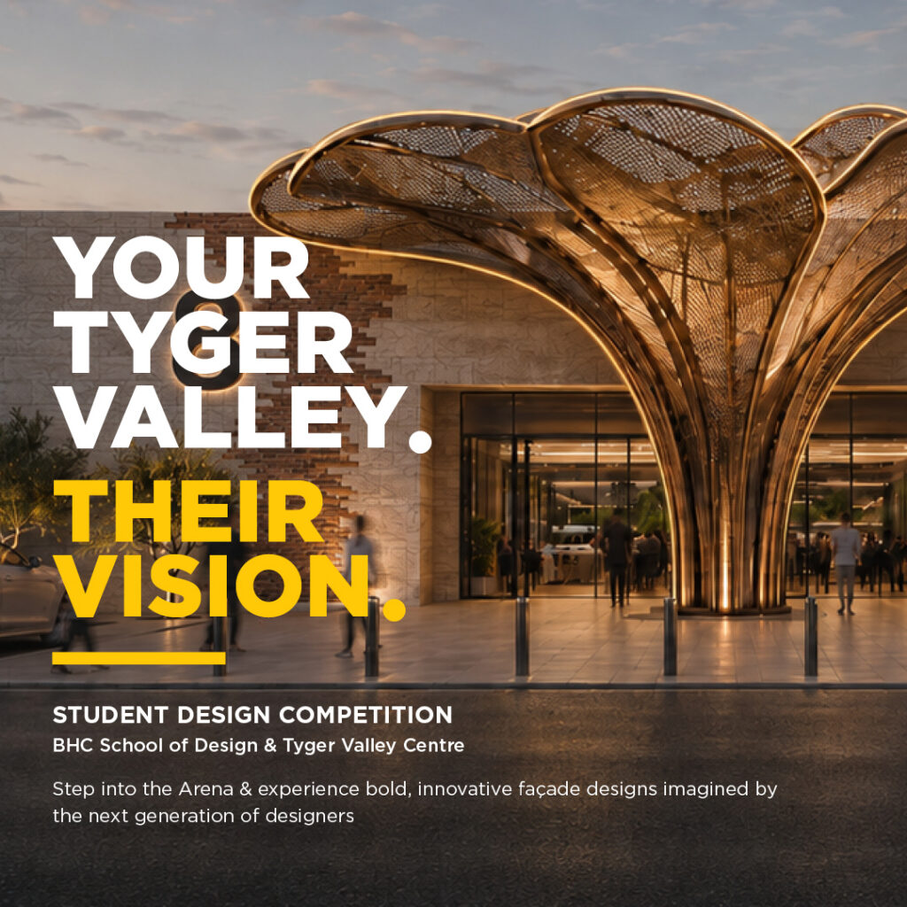 A promotional graphic for a student design competition at a South African shopping centre featuring a golden, tree-shaped sculpture and the text “Your Tyger Valley. Their Vision.” - Pareto Properties